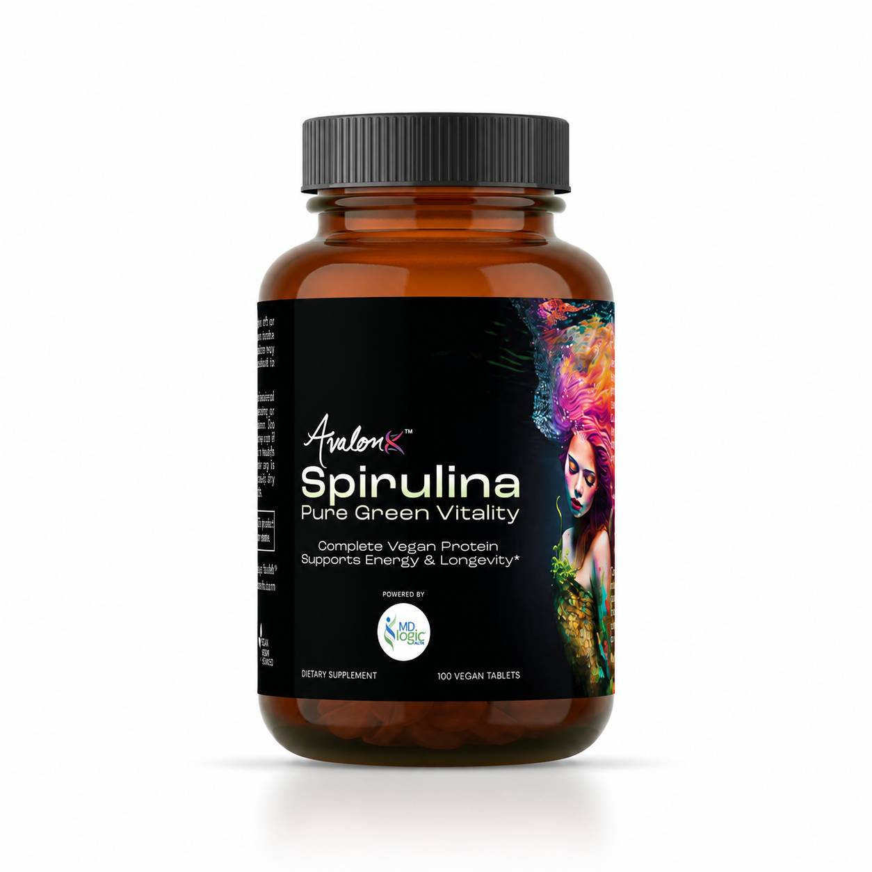 AvalonX Spirulina Mini 100-tablet amber glass bottle