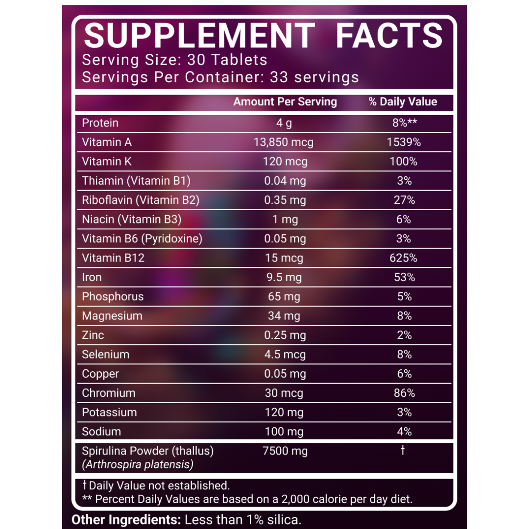 AvalonX Spirulina supplement facts panel