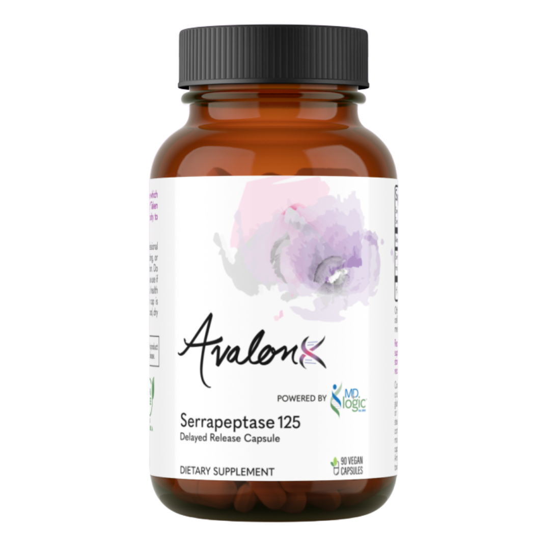 AvalonX Serrapeptase 125 amber glass bottle, front label