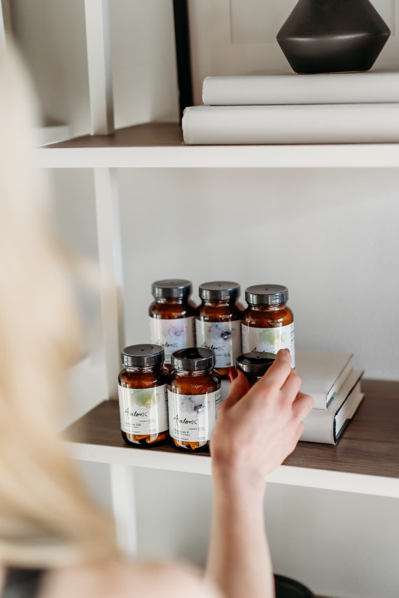 AvalonX bottles on a shelf as part of a daily ritual