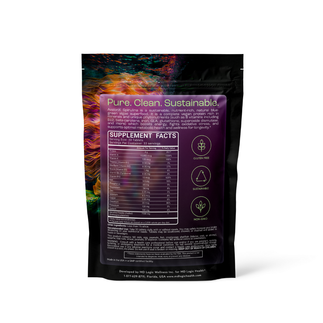 AvalonX Spirulina pouch back with supplement facts