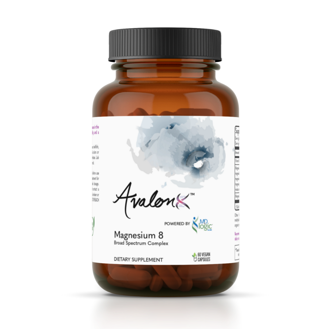 AvalonX Magnesium 8 amber glass bottle, front label