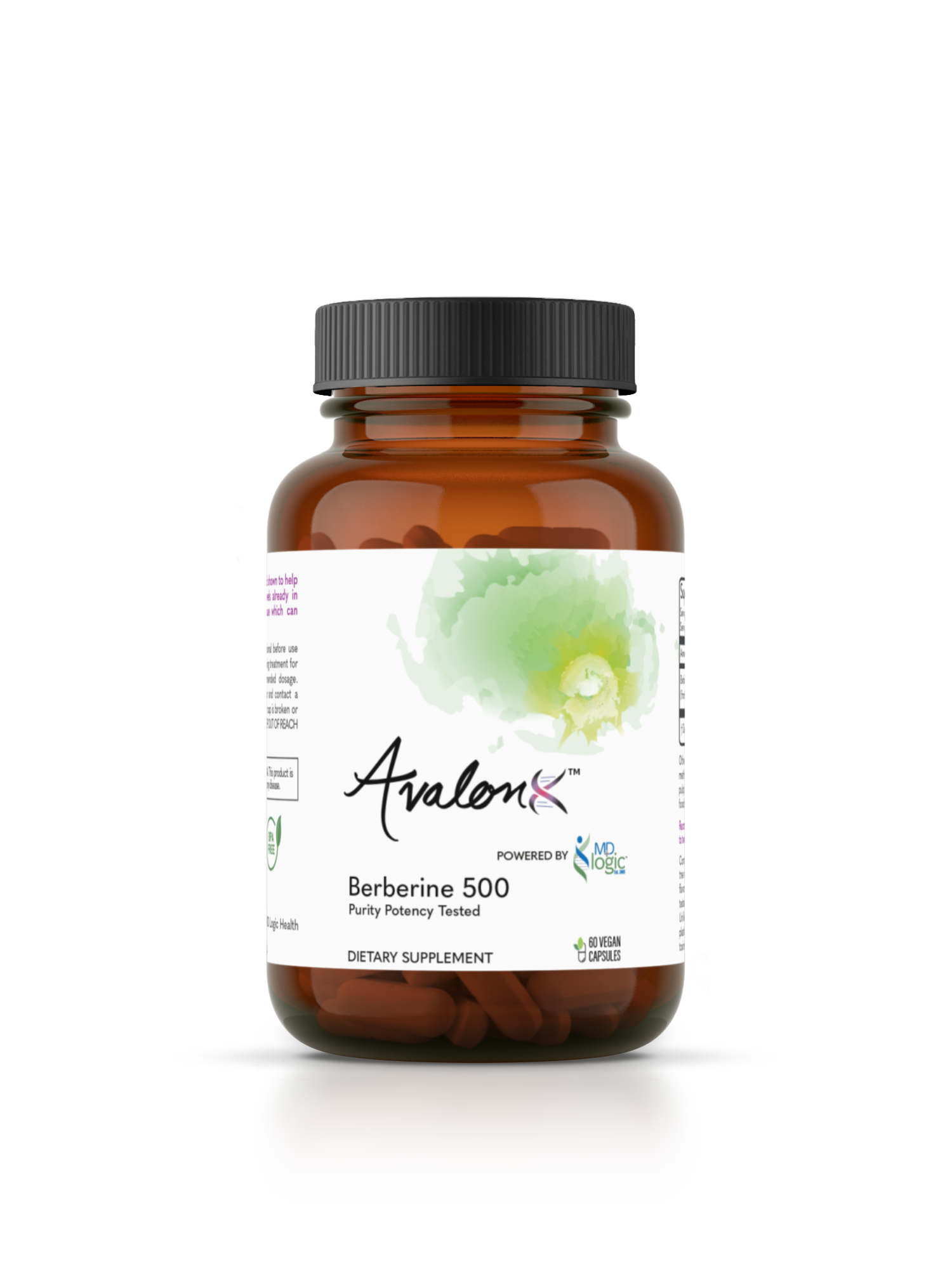 AvalonX Berberine 500 amber glass bottle, front label